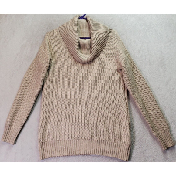 New York & Company Sweater Womens Medium Tan Metallic Knit Long Sleeve Cowl Neck - Picture 1 of 9